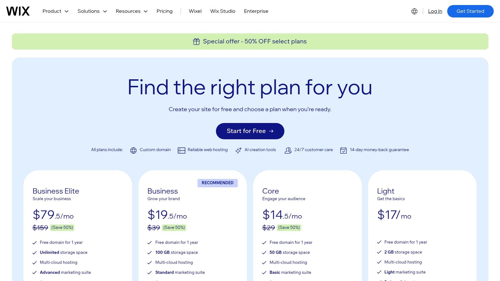 Plans tarifaires de Wix eCommerce