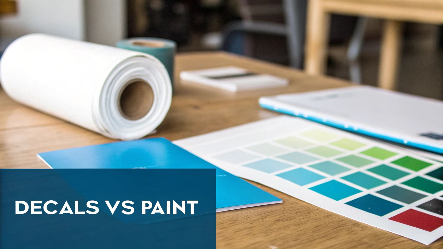 A roll of white vinyl material, color swatches, and a booklet on a wooden table with 'Decals vs Paint' text.