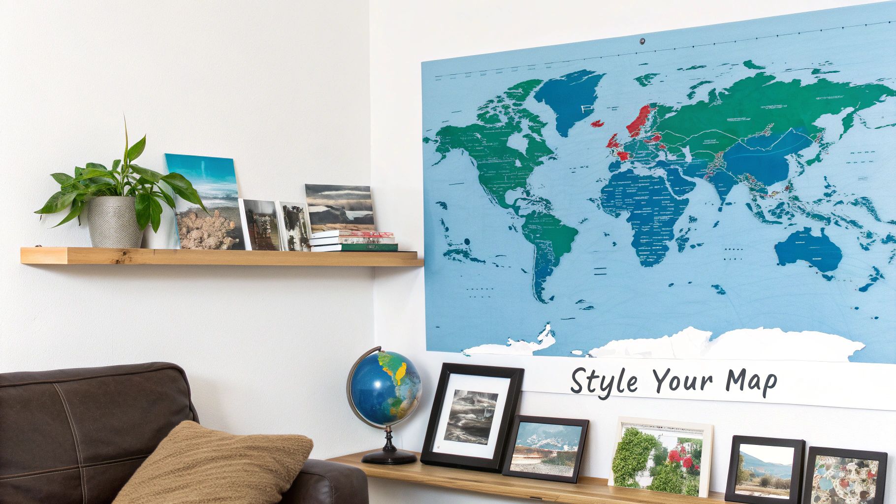 A cozy room features a large world map wall decal, wooden shelves with decor, and a brown sofa.