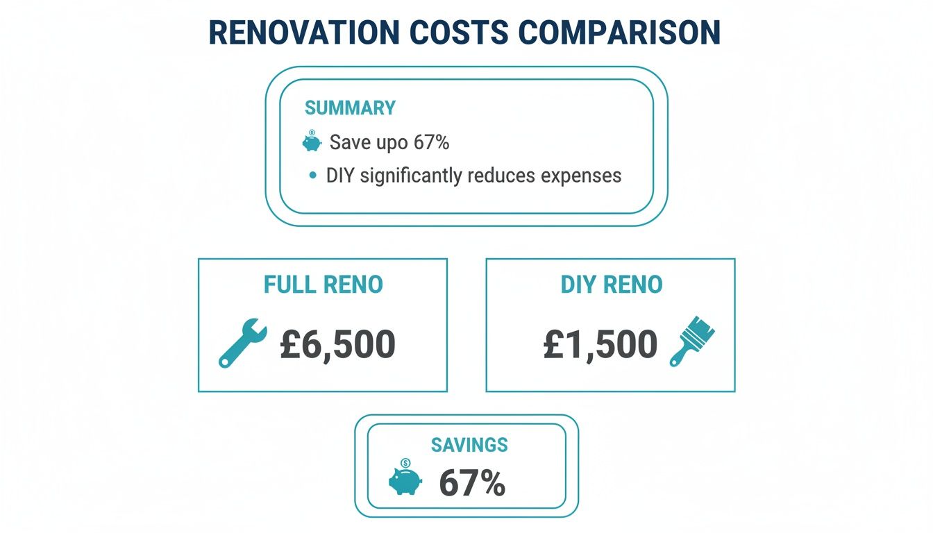 A renovation cost comparison showing full renovation at £6,500 and DIY renovation at £1,500, resulting in 67% savings.