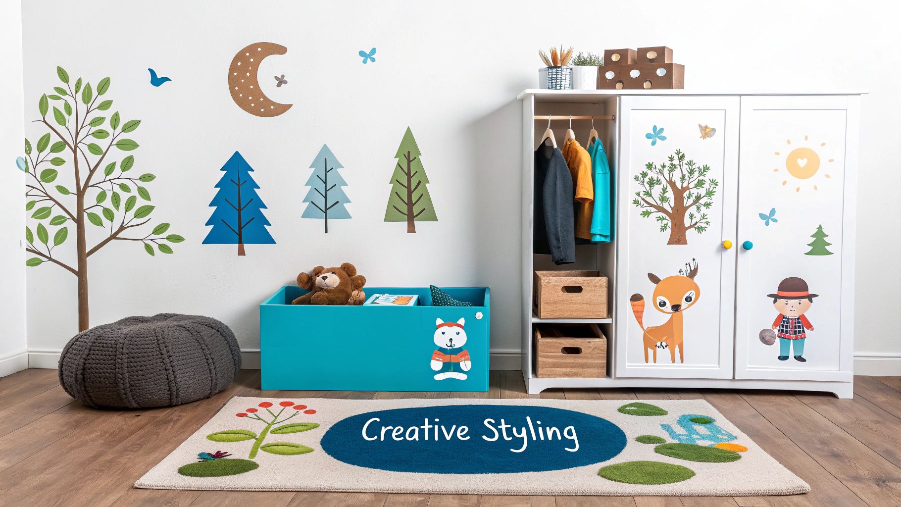 Playful children's room decorated with forest-animal wall stickers, a white wardrobe, and a blue toy box.