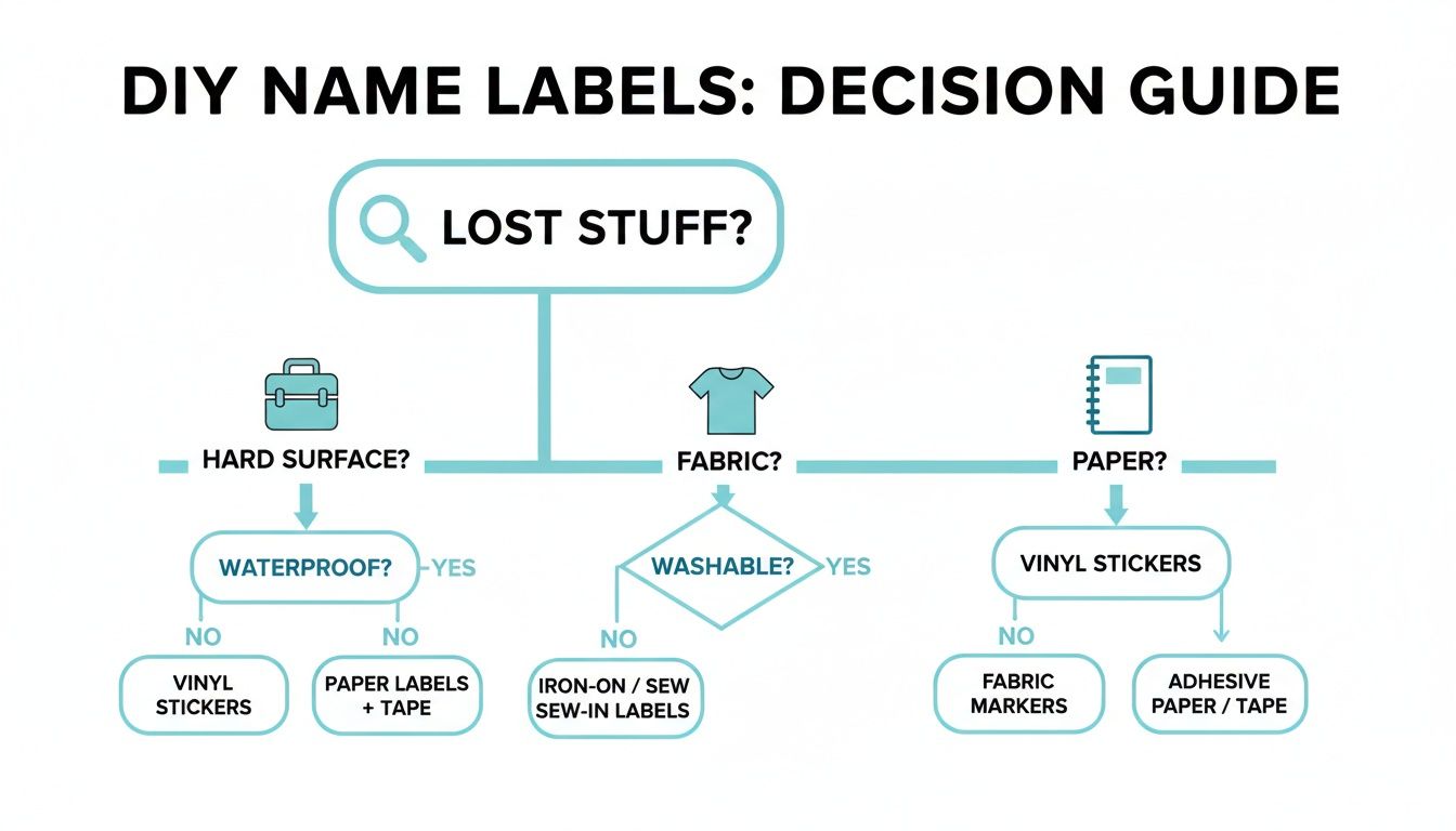 A decision guide flowchart for DIY name labels, based on surface type and properties like waterproof or washable.