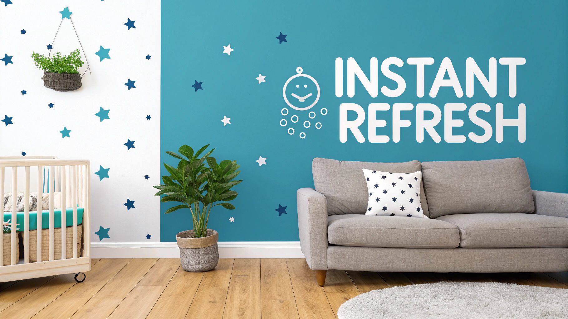 A bright nursery with star wall decals, a crib, and a sofa with a star pillow.