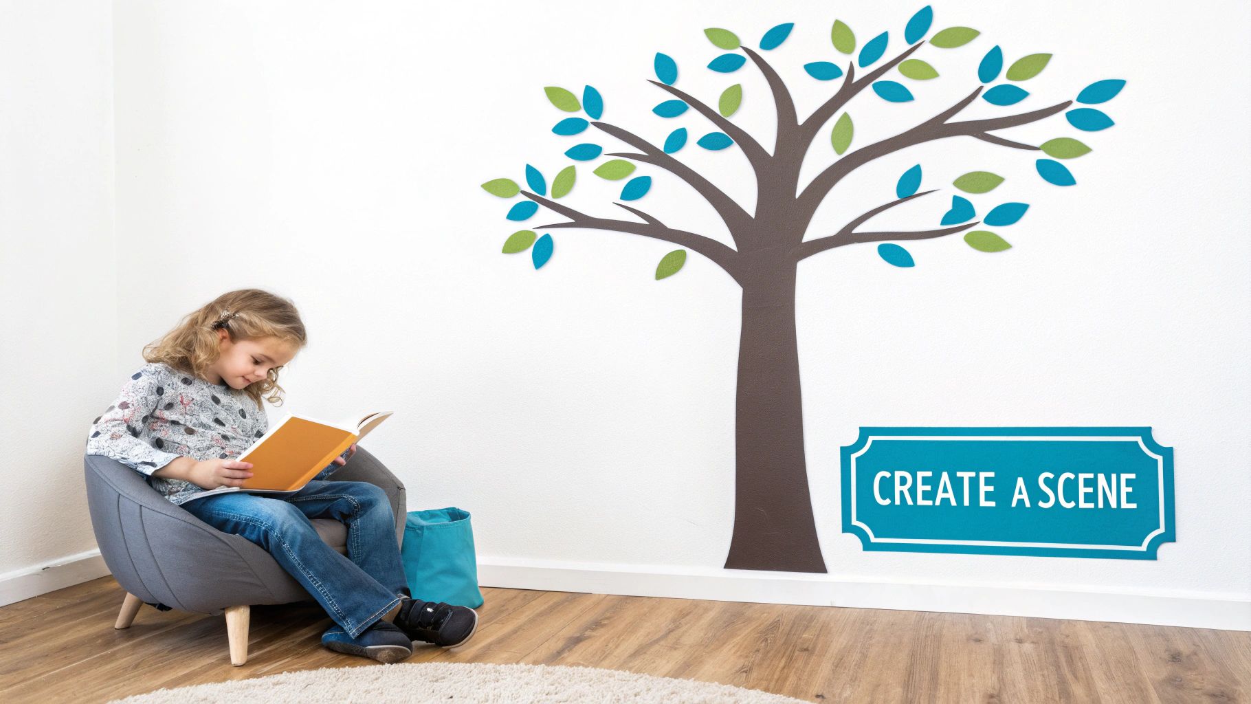 Young girl reads a book in an armchair next to a colorful tree wall sticker.