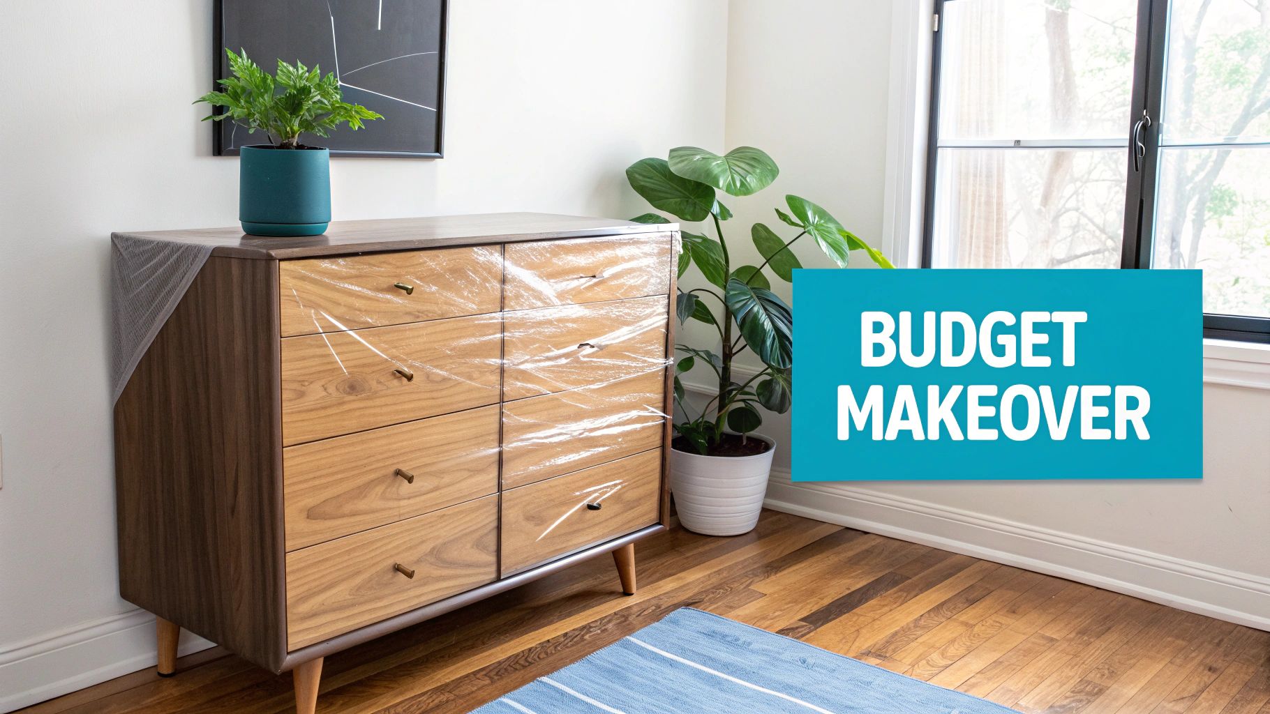 A wooden dresser covered in clear plastic wrap, with potted plants, on a wooden floor, suggesting a budget makeover.