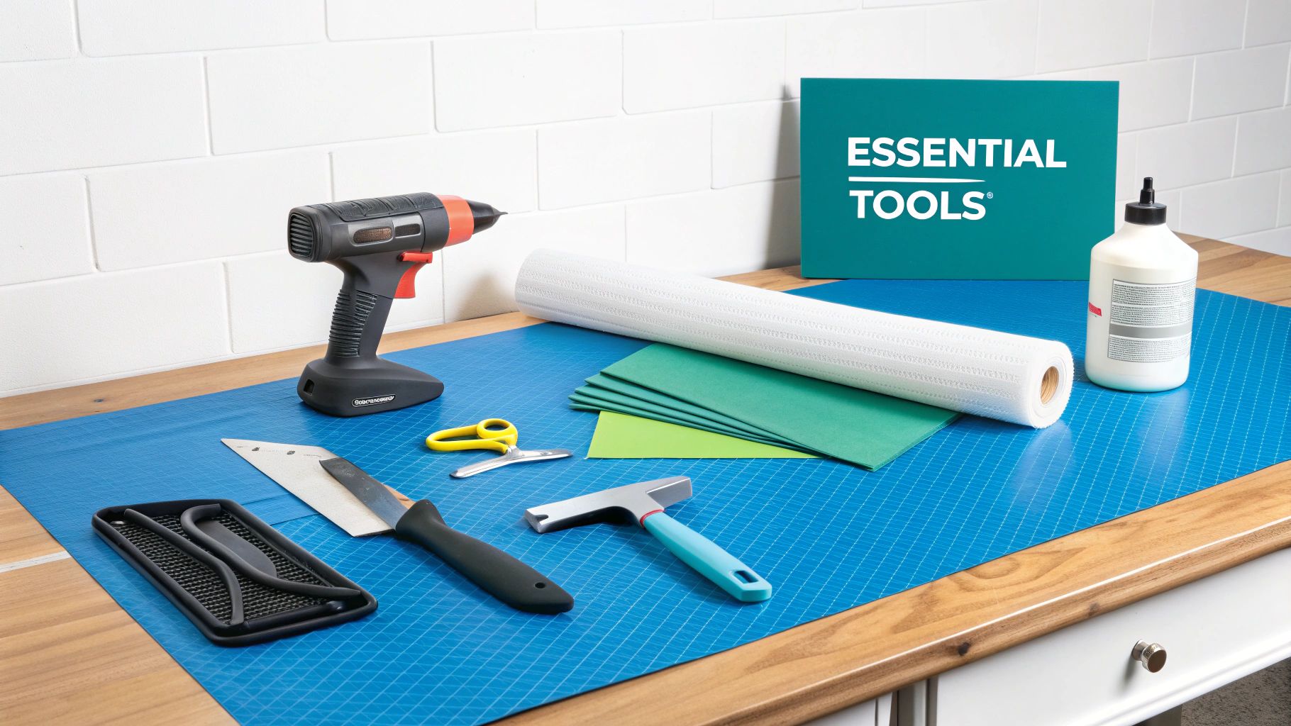 A collection of essential tools for DIY projects, including a heat gun, spatula, scissors, and craft materials on a blue mat.