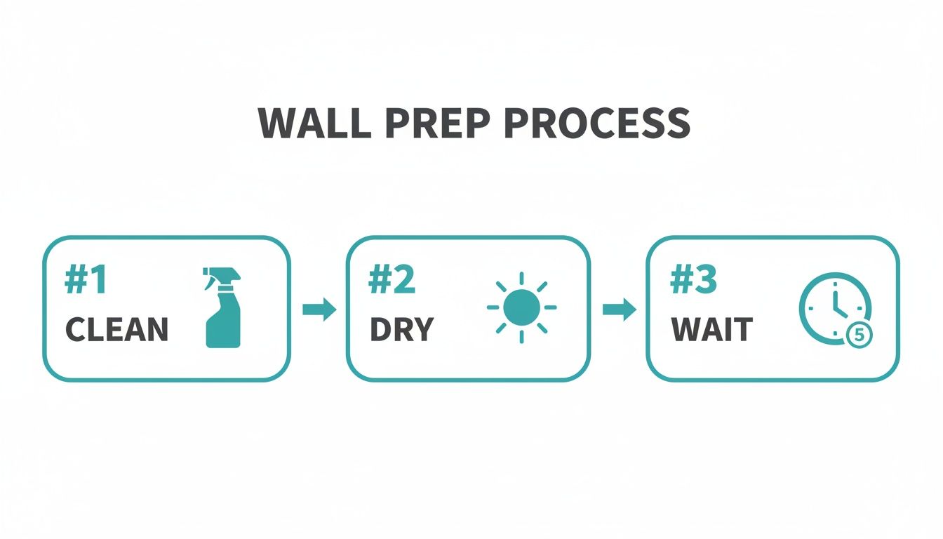 Infographic illustrating the wall prep process: #1 clean with spray, #2 dry with sun, #3 wait with clock.