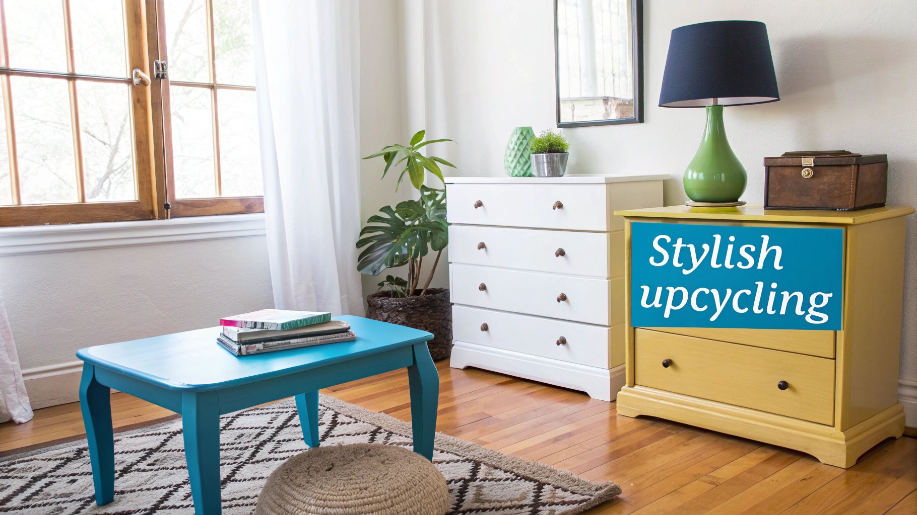 A bright room featuring upcycled furniture, including a blue coffee table, white dresser, and yellow nightstand.