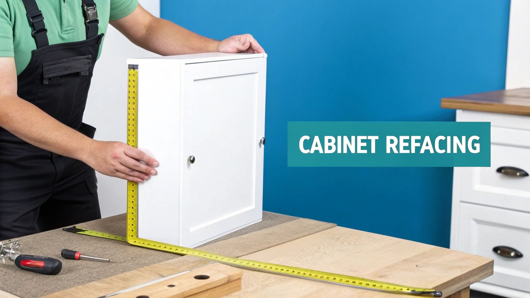 Close-up of modern refaced kitchen cabinet doors and drawers