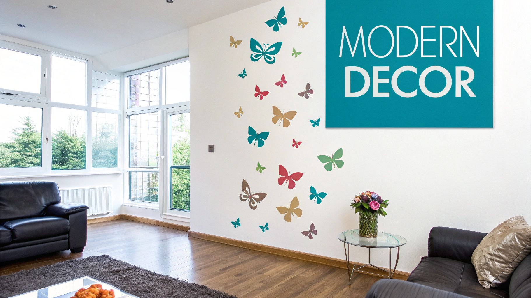 A brightly lit modern living room featuring a white wall adorned with colorful butterfly stickers.