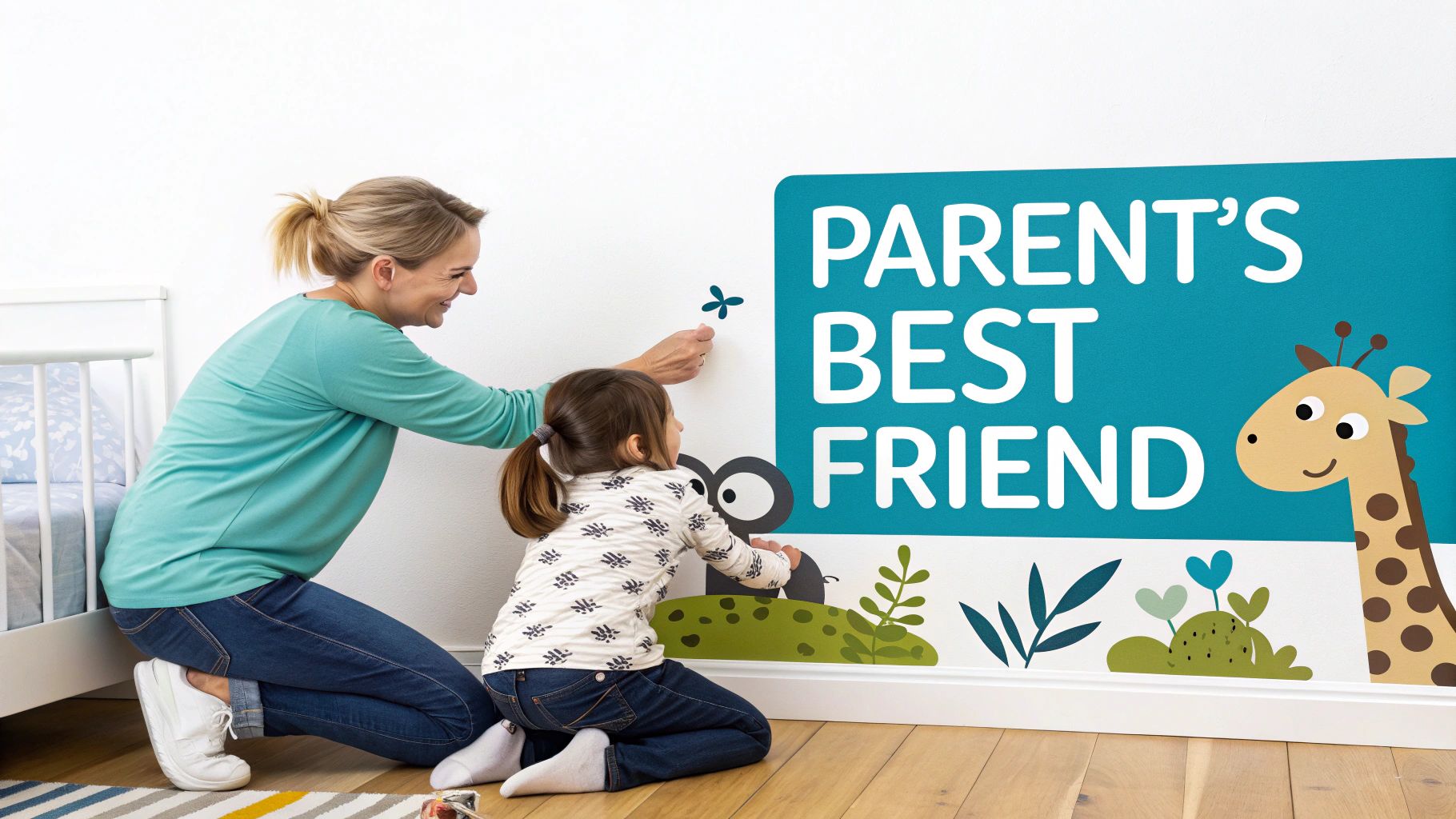 Mother and daughter applying colorful wall decals featuring a giraffe in a child's room.