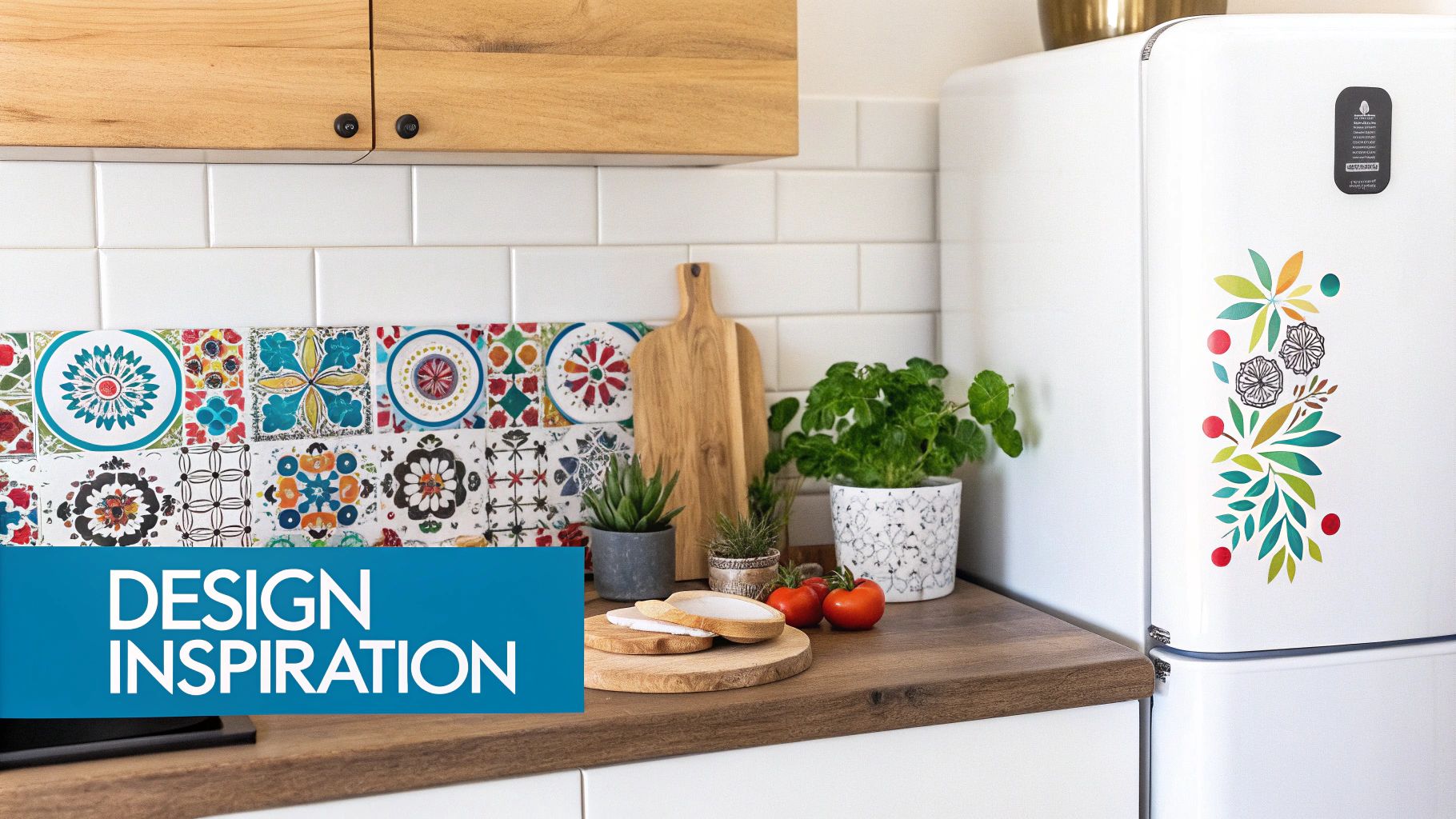 Colorful patterned backsplash tiles in a modern kitchen with wooden cabinets and a decorated white refrigerator.