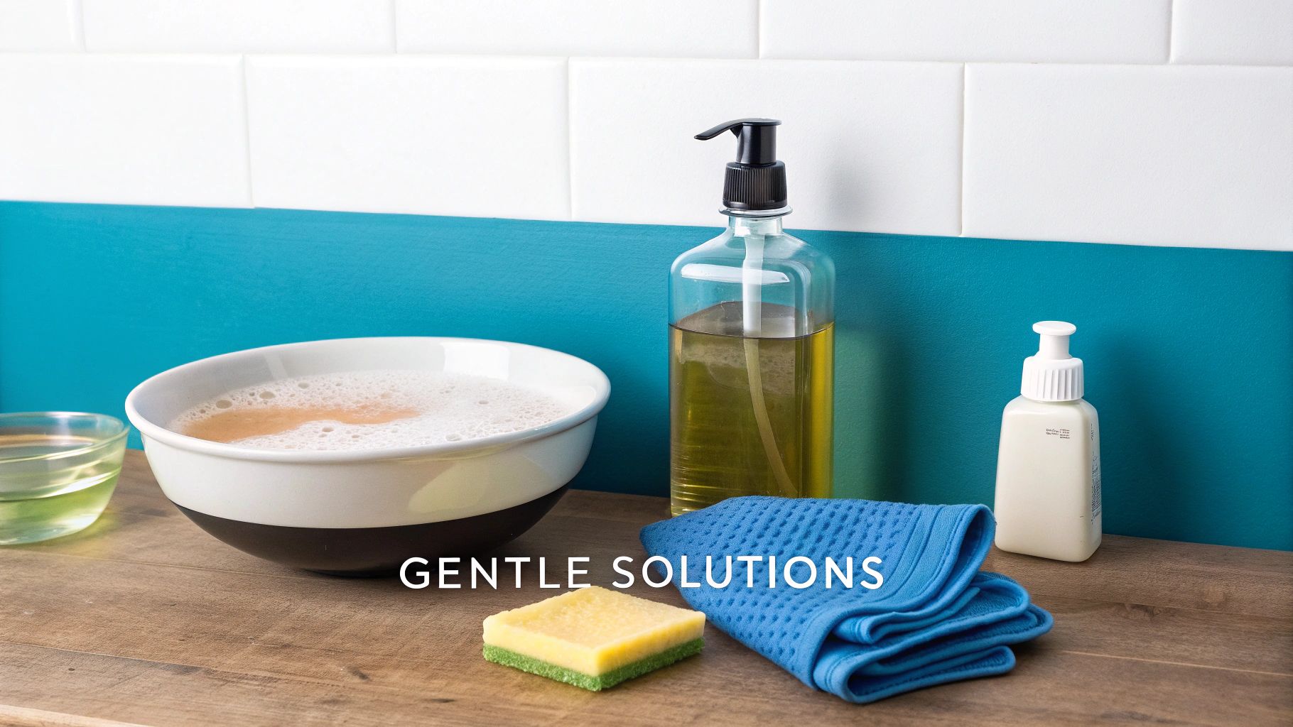 Various gentle cleaning supplies, including a bowl of soapy water, liquid soap, sponge, and blue towel, arranged on a wooden surface.