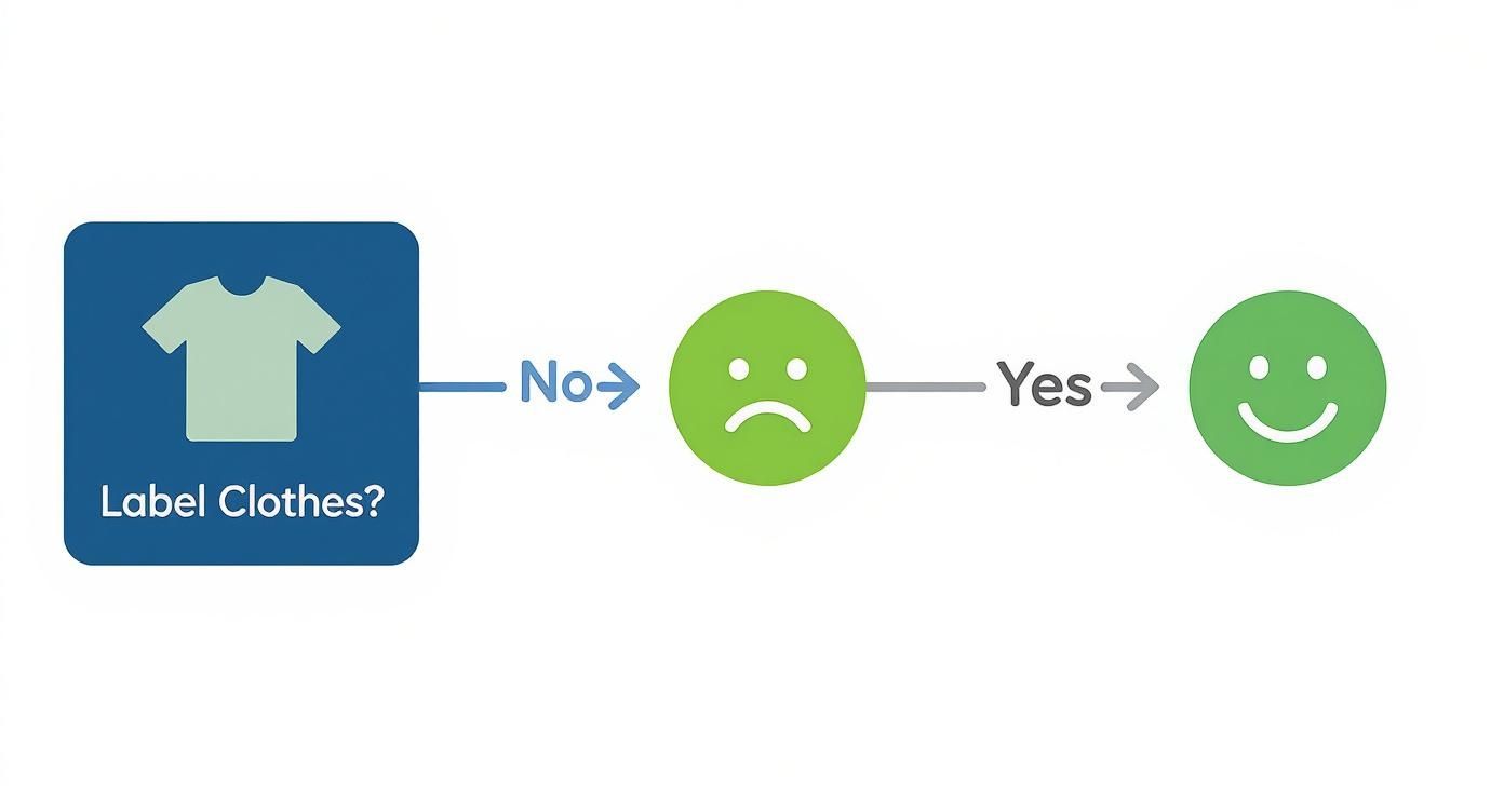 A flowchart demonstrating that not labeling clothes leads to a sad face, while labeling clothes leads to a happy face.