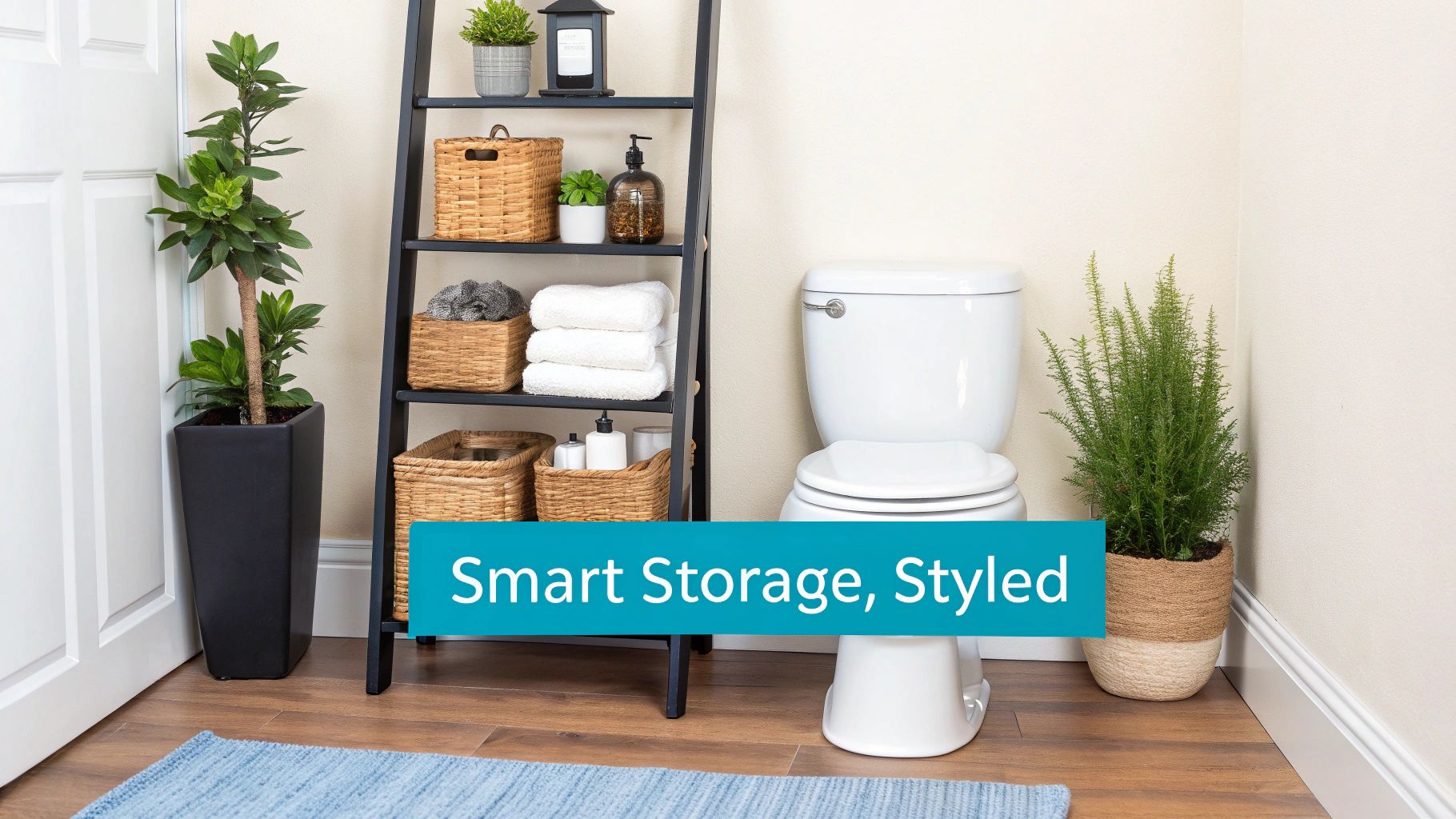 A bathroom corner featuring a white toilet, a black ladder shelf with baskets, and potted plants.