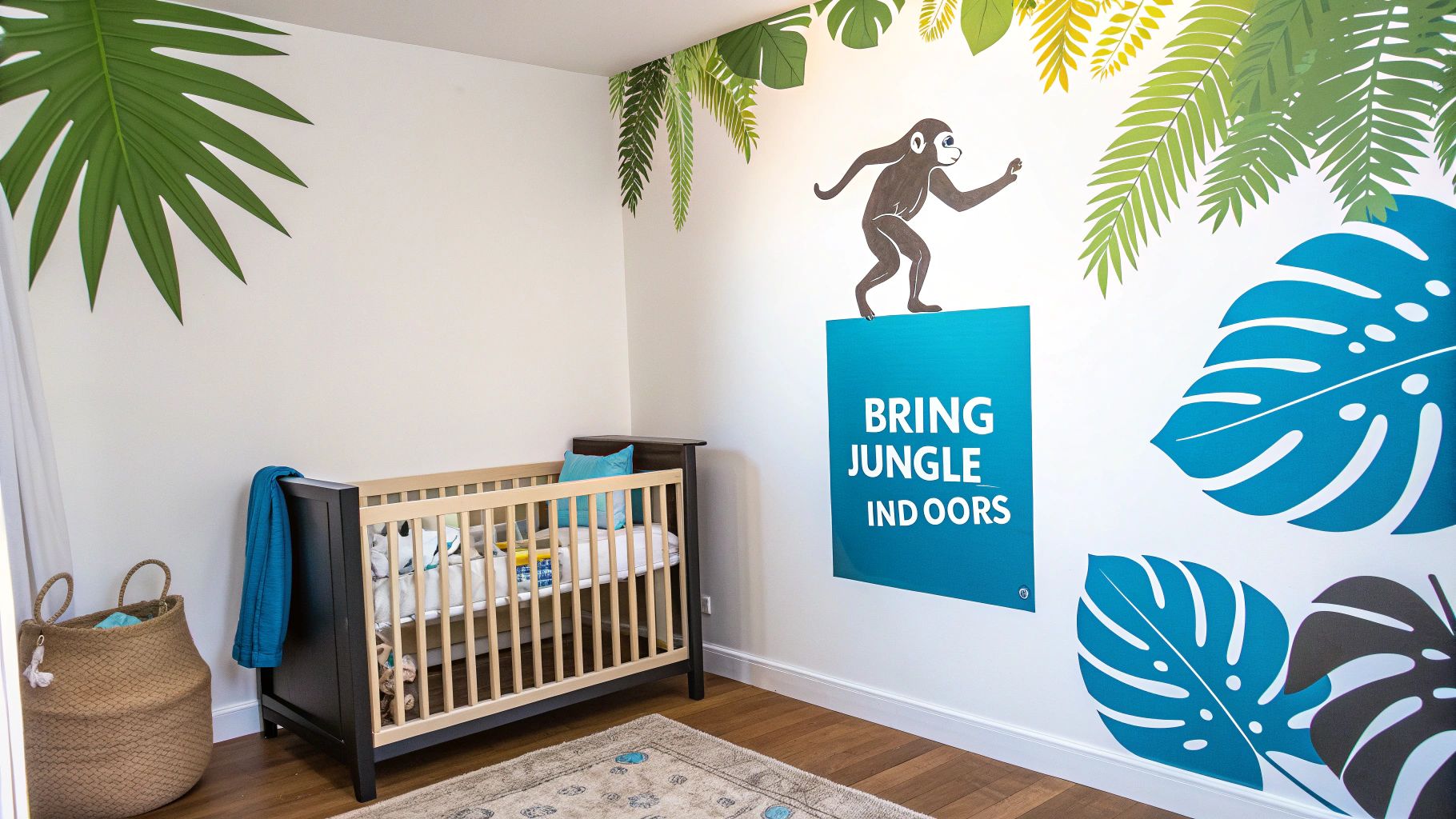 Jungle themed nursery with tropical wall decals, monkey silhouette, monstera leaves, and wooden crib