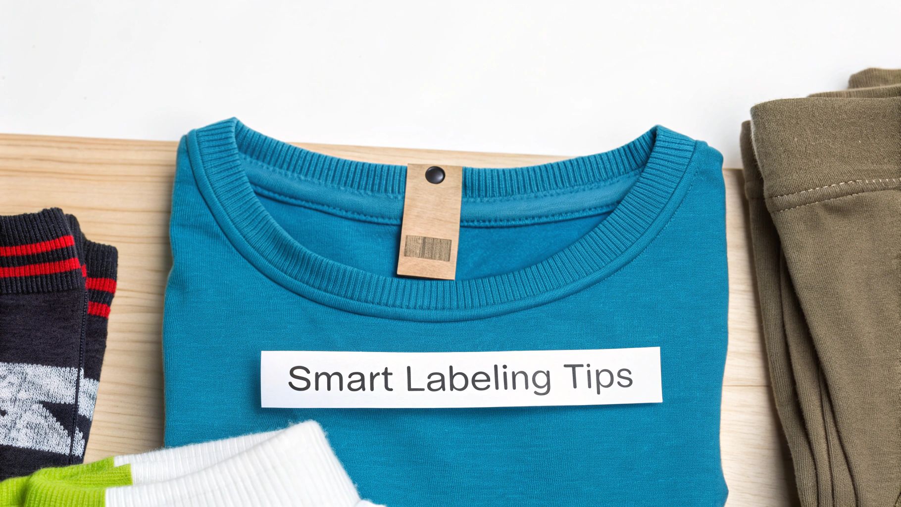 Folded clothes including a blue shirt with a tag and a label saying 'Smart Labeling Tips' on a wooden surface.