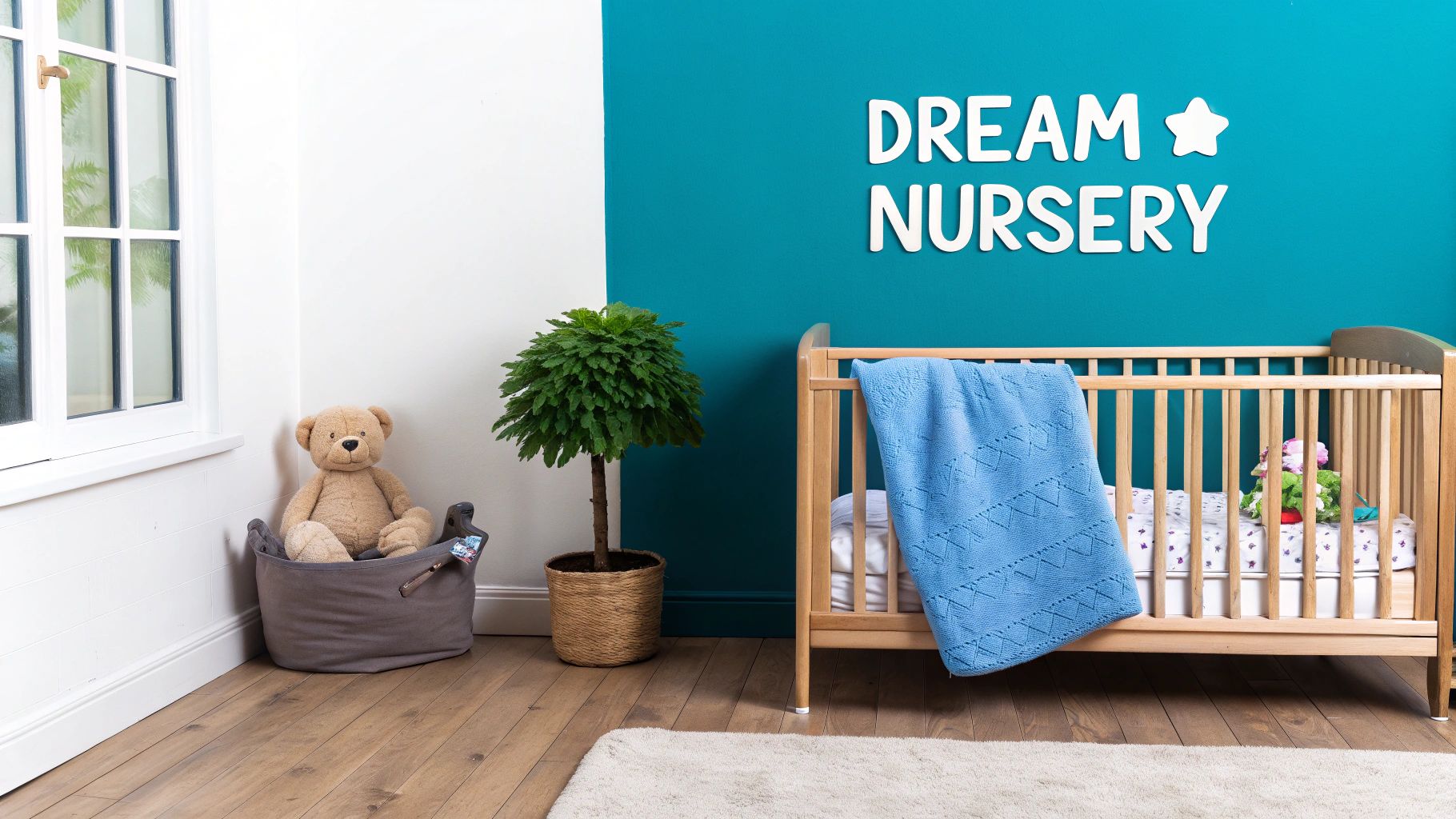 A cozy nursery room with a wooden crib, a blue blanket, a teddy bear, and a "DREAM NURSERY" sign.