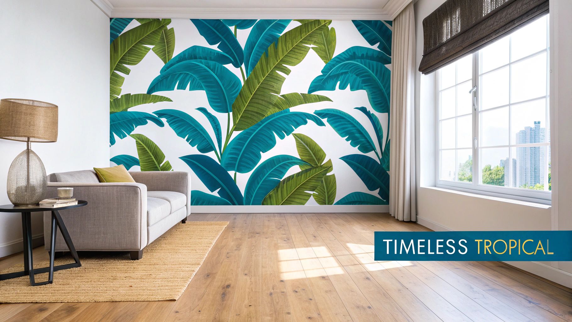 Lush green banana leaf wallpaper in a modern bathroom with gold fixtures