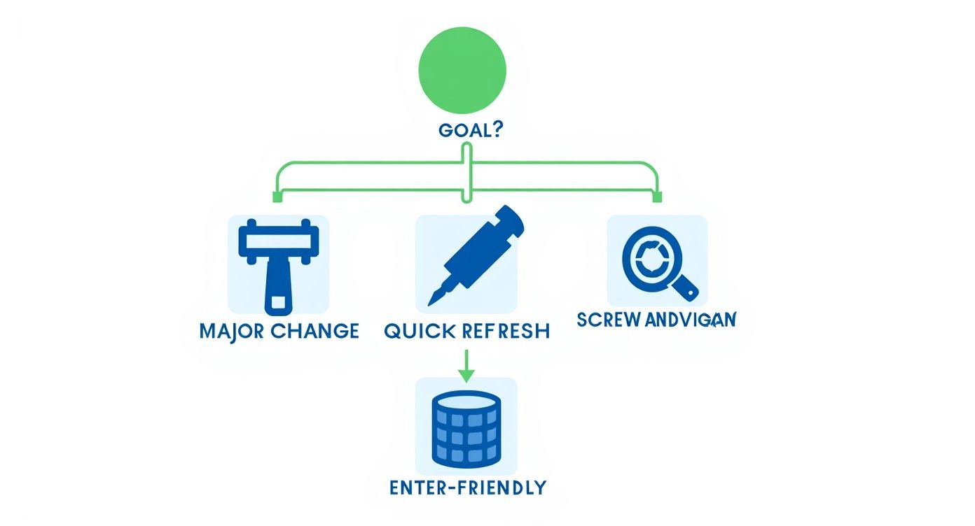 Flowchart shows 'Goal?' splitting into 'Major Change,' 'Quick Refresh,' and 'Screw Andvigan,' leading to 'Enter-Friendly.'