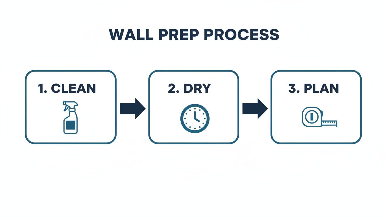 Infographic detailing wall prep process: 1. Clean (spray bottle), 2. Dry (clock), 3. Plan (tape measure).