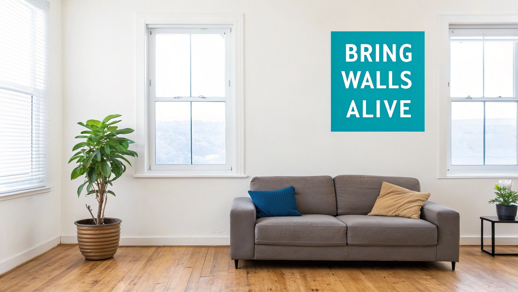 A modern living room with a gray sofa, a green plant, and a teal wall decal saying 'BRING WALLS ALIVE'.