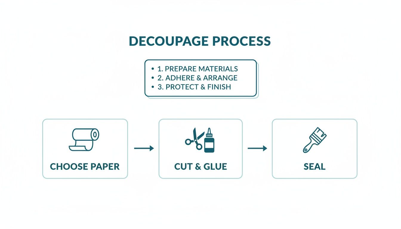 A diagram illustrates the decoupage process, detailing steps from choosing paper to cutting, gluing, and sealing.