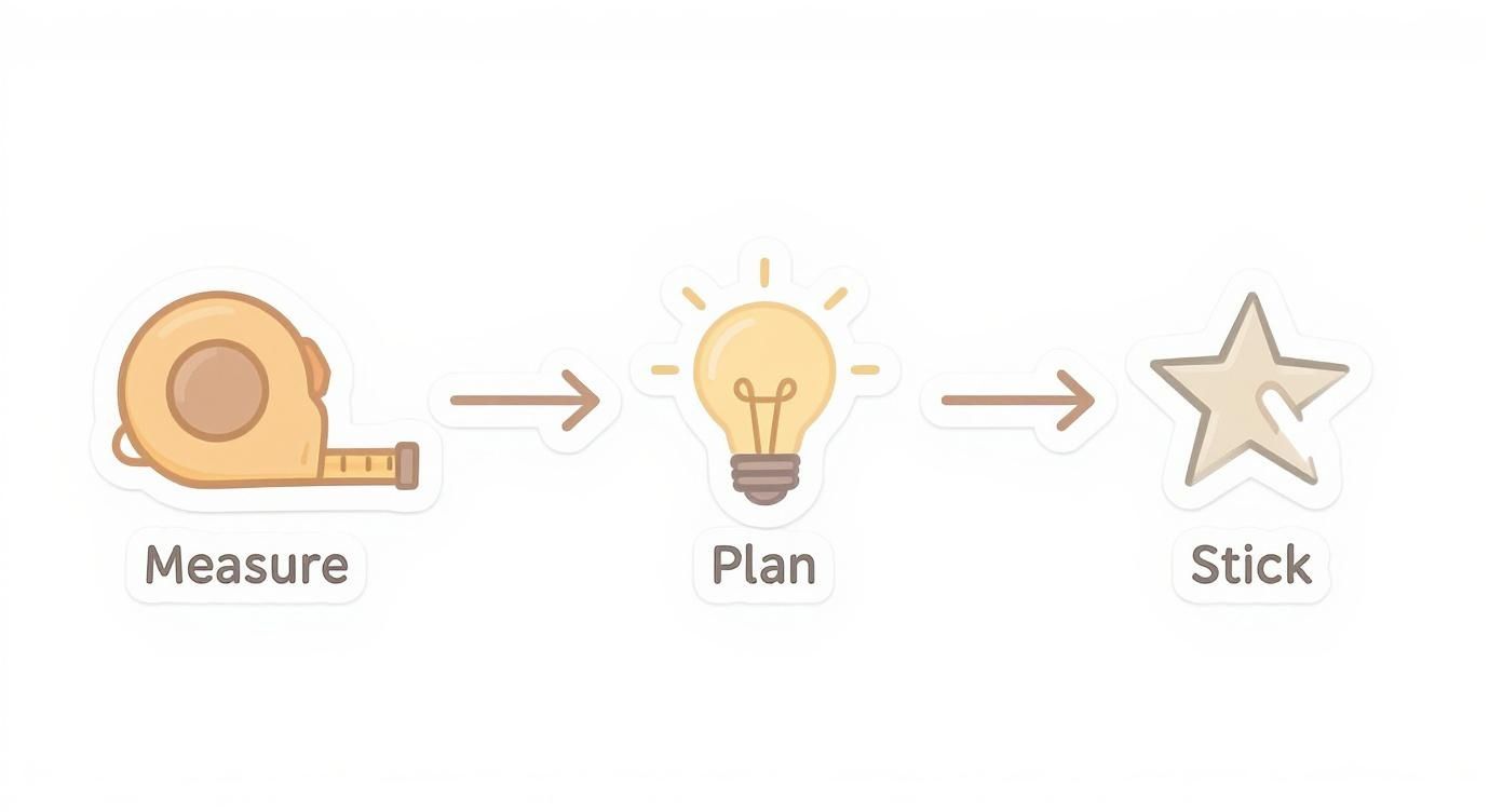 A three-step process: measure with a tape, plan with a lightbulb, and stick with a star.
