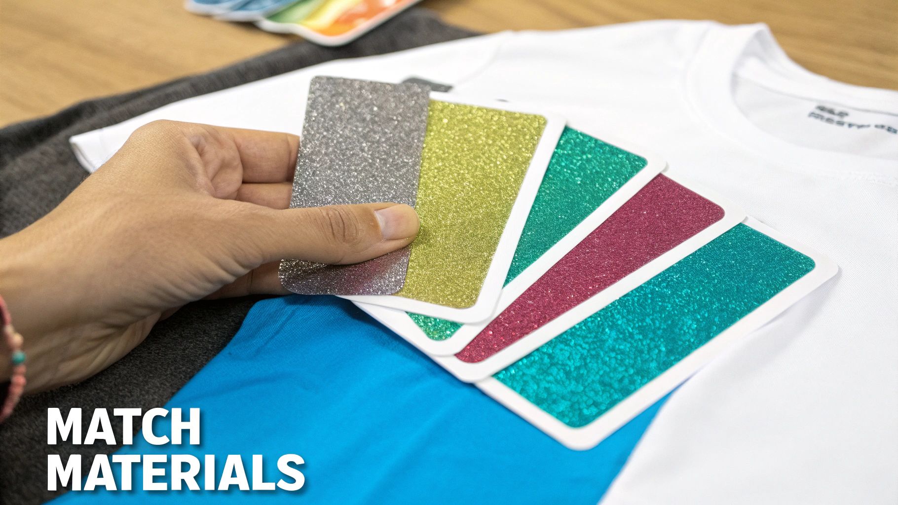 A colourful assortment of iron on clothing decals and different fabric swatches laid out on a table.