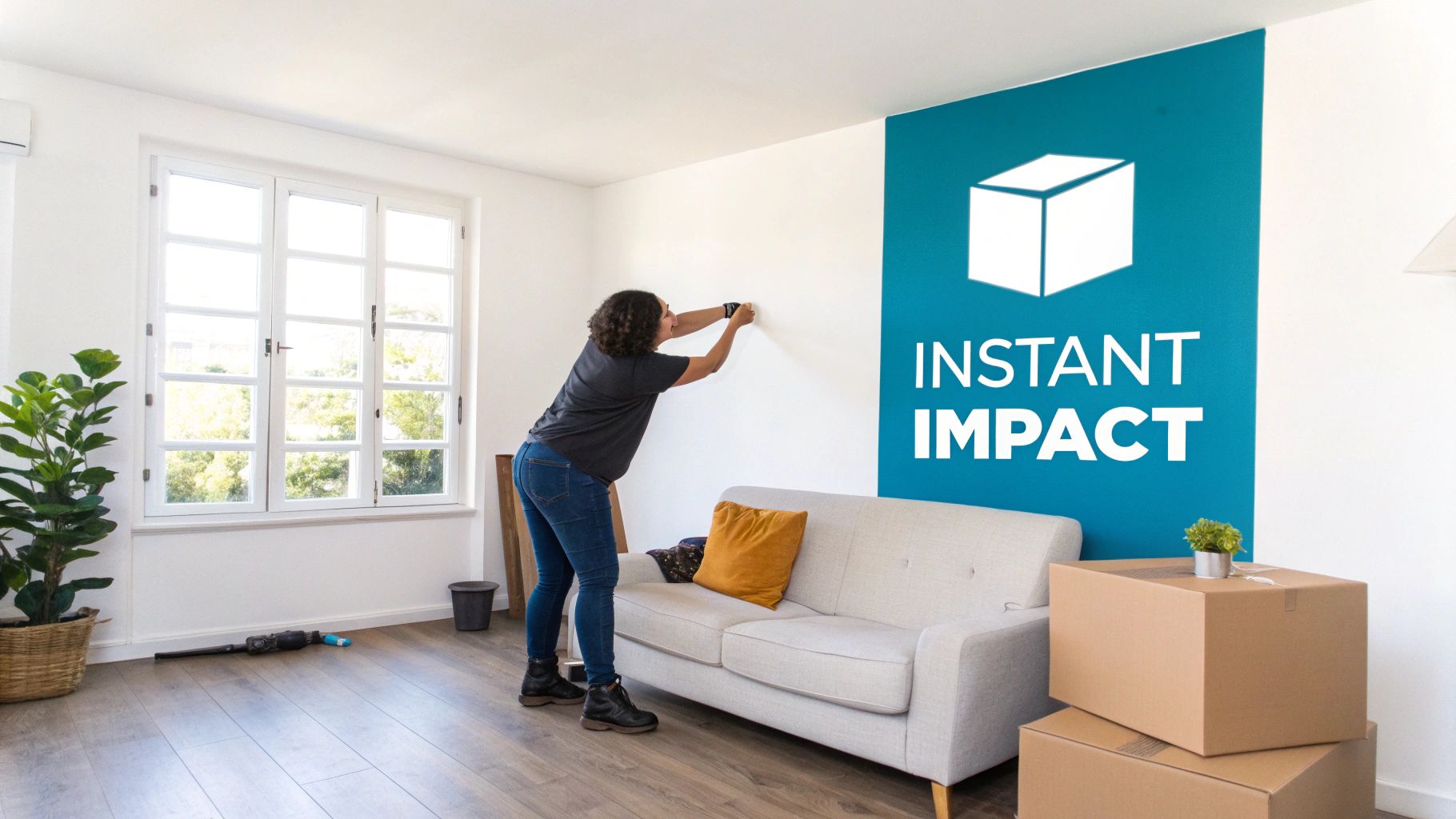 A woman hangs decor on a white wall next to a blue accent wall with "INSTANT IMPACT" text.