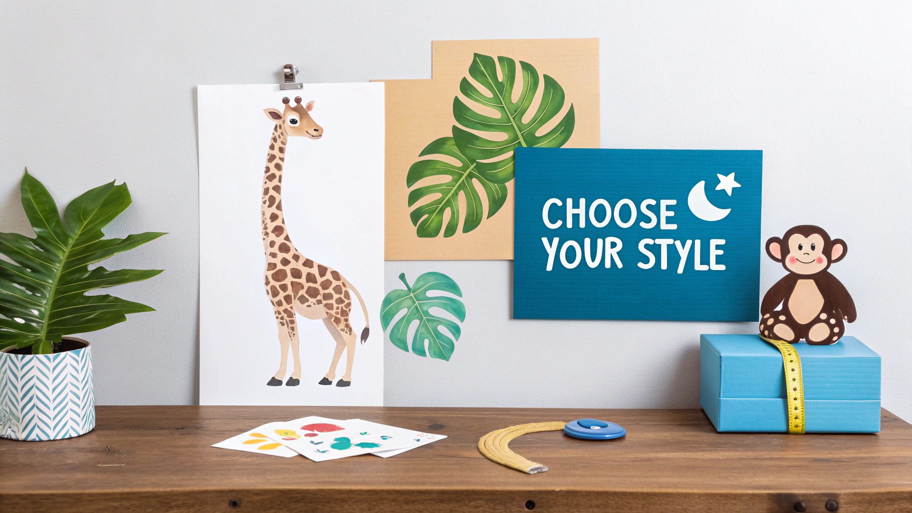 A children's room decor featuring a giraffe print, Monstera leaf wall art, and a monkey figurine on a wooden desk.