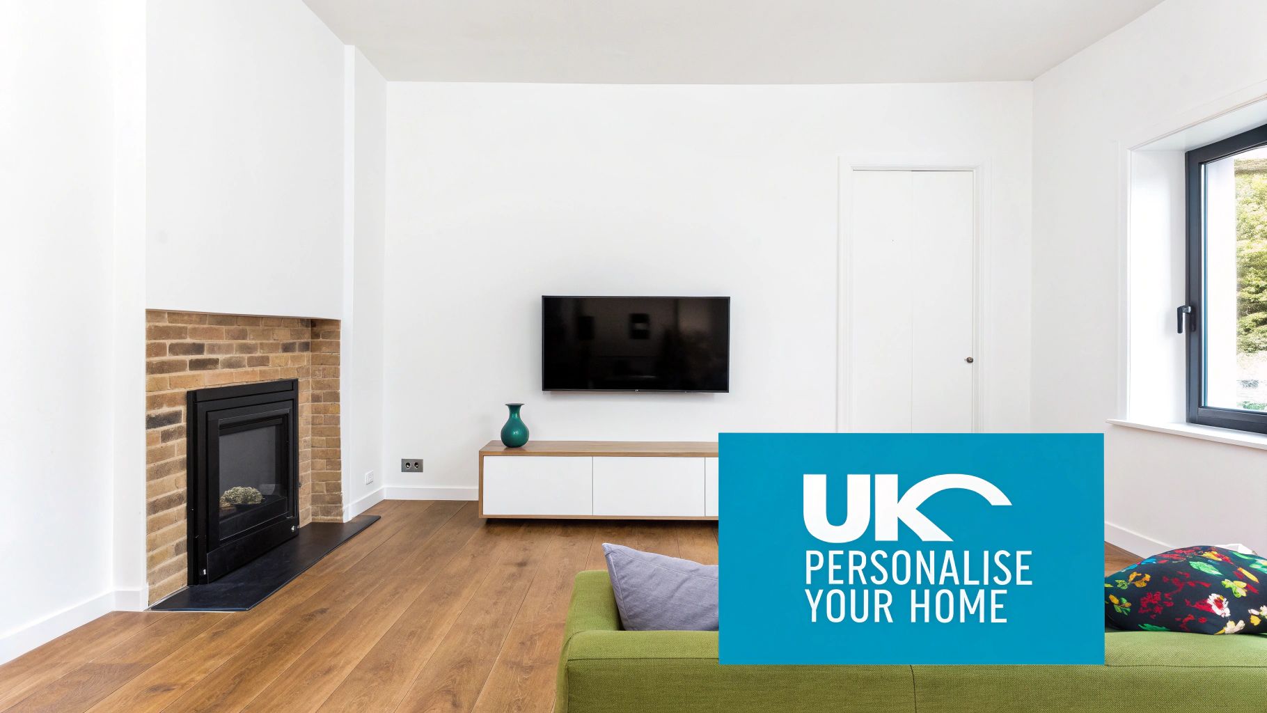 A minimalist living room with a brick fireplace, a wall-mounted TV, a green sofa, and wooden flooring.