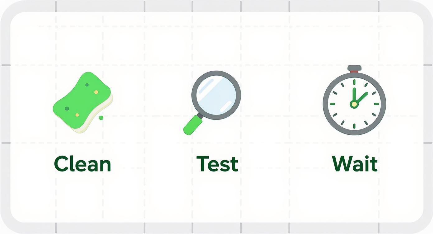 Visual representation of three steps: clean (sponge), test (magnifying glass), and wait (stopwatch).