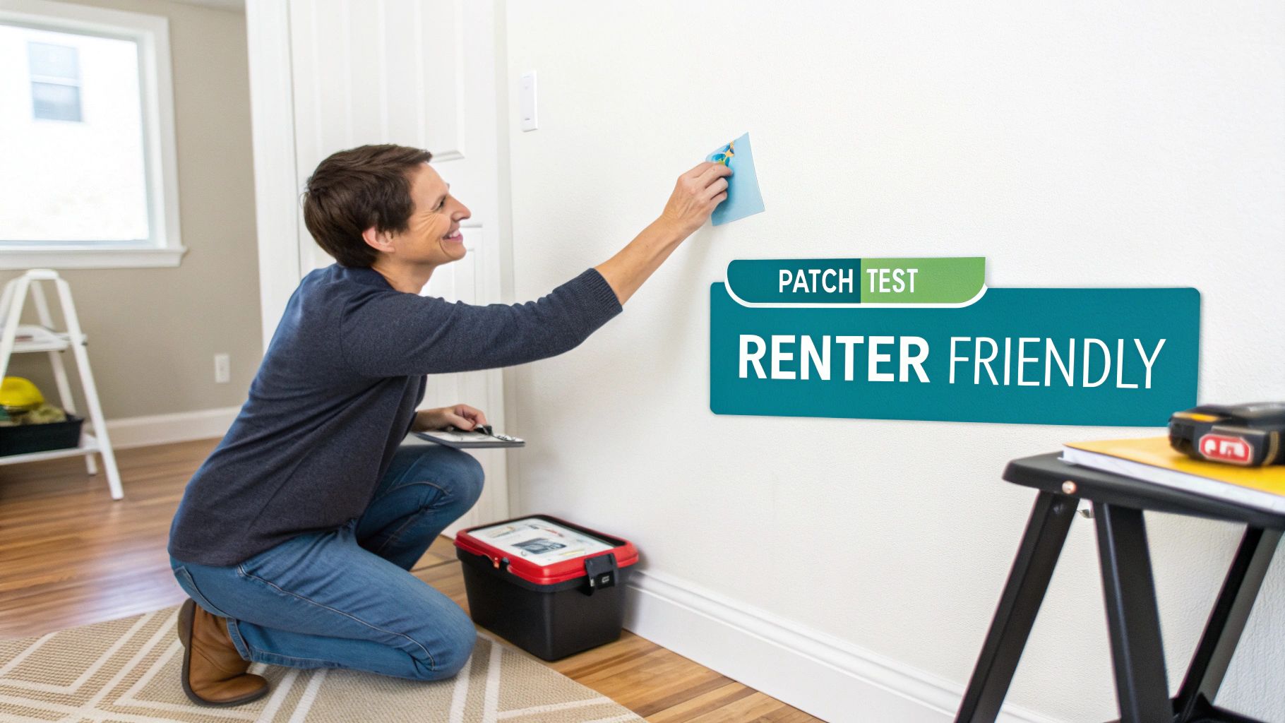 A smiling woman removes a patch test sticker from a white wall, demonstrating a renter-friendly solution.