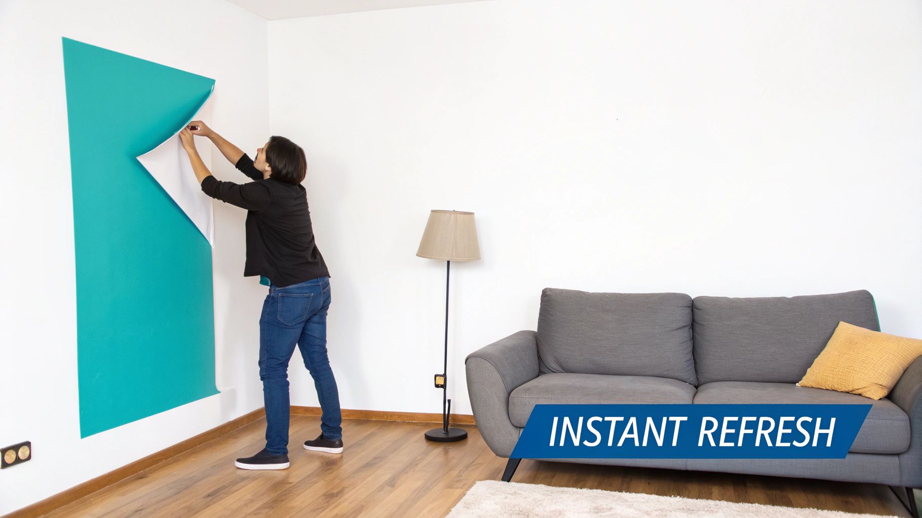 A person applies a large teal peel-and-stick vinyl wall art sticker to a white wall.