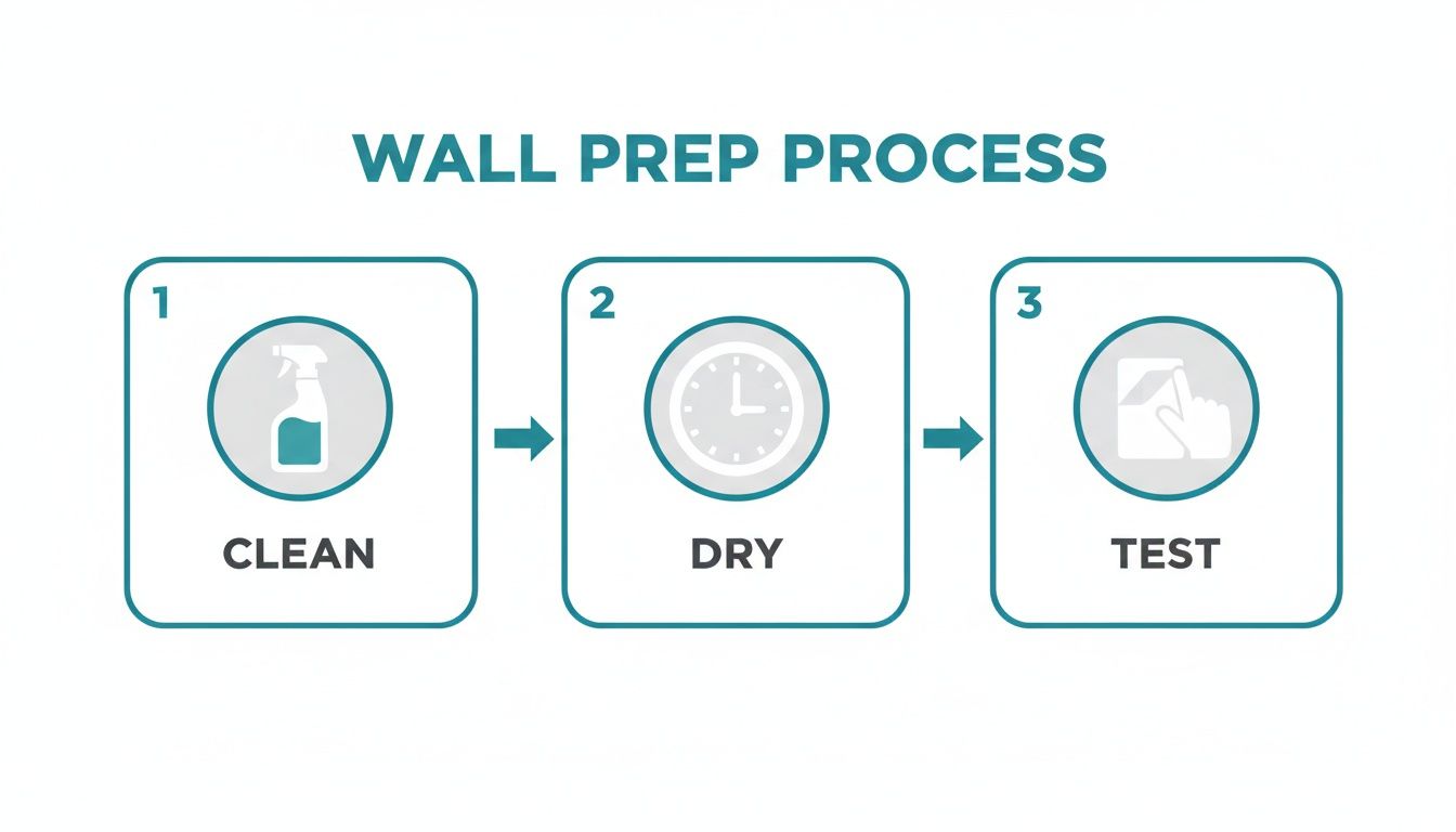 Infographic showing a three-step wall preparation process: clean, dry, and test, for child room stickers.
