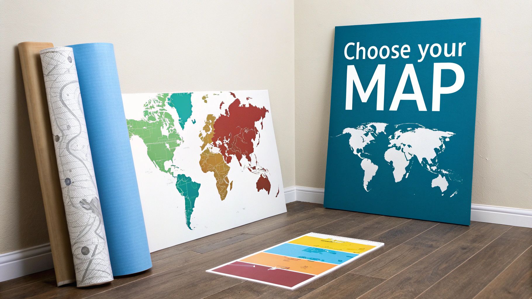 A collection of world maps including rolled posters and canvases, leaning on a wall and floor.