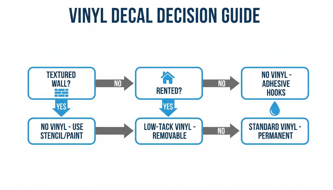 A vinyl decal decision guide flowchart showing options based on wall texture and rental status.