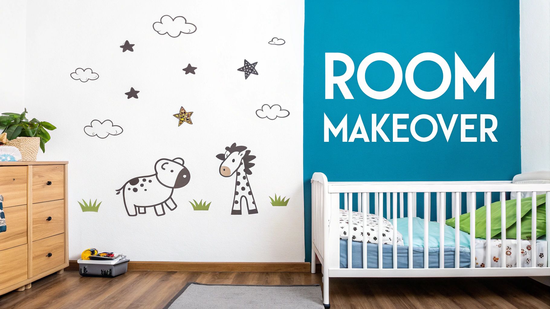 A child's playroom with colourful animal decals on the wall