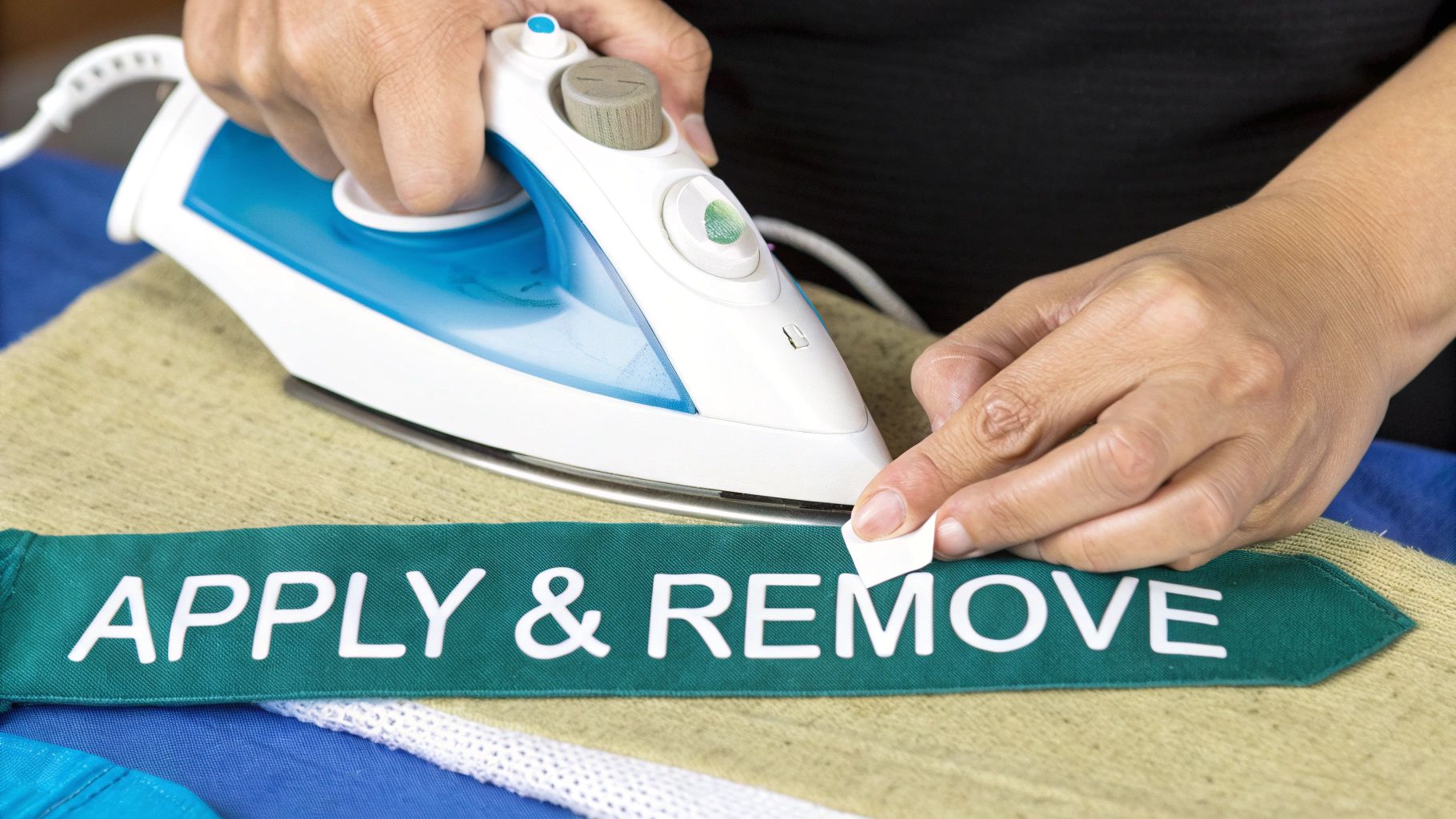A person uses an iron to apply a fabric label with "APPLY & REMOVE" text onto a garment.