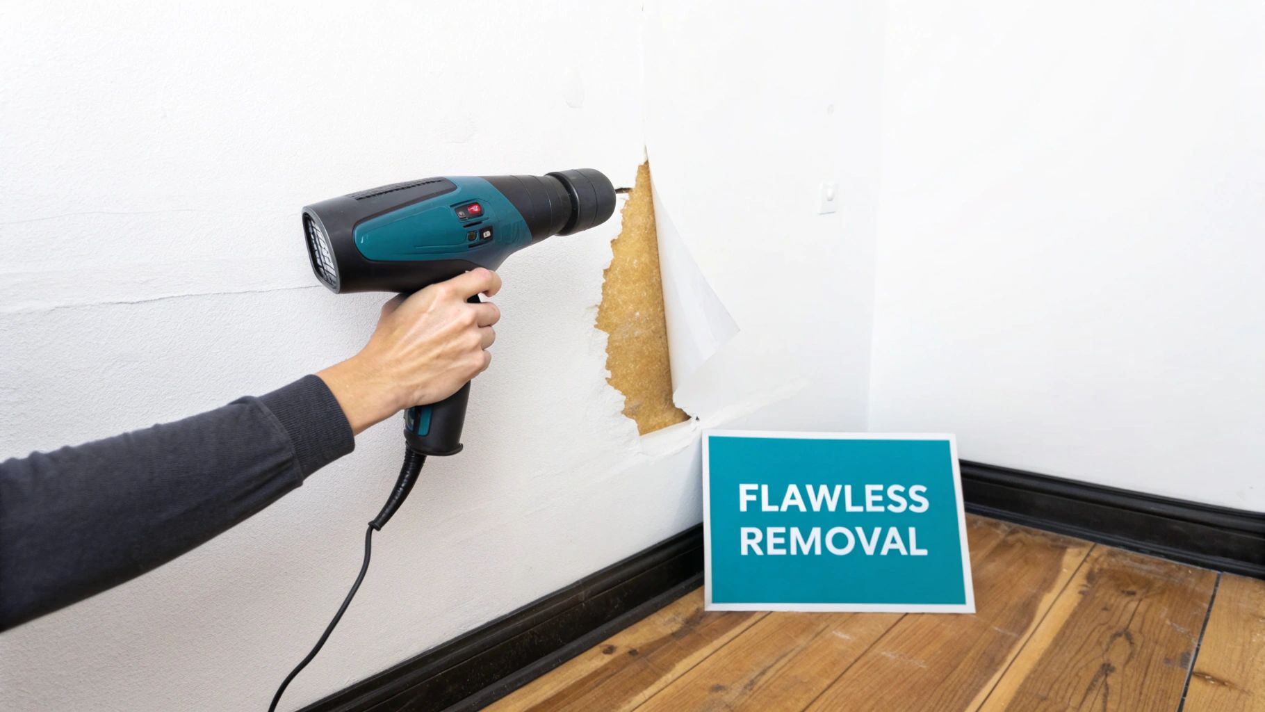 A person uses a heat gun to peel off a white decal from a wall, revealing the surface.