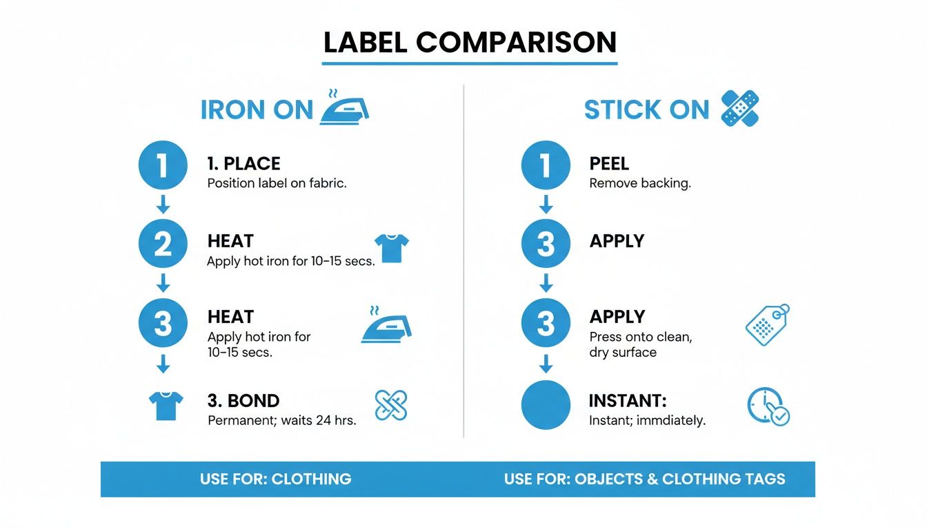 Infographic comparing application methods for iron-on and stick-on labels, detailing steps and uses.