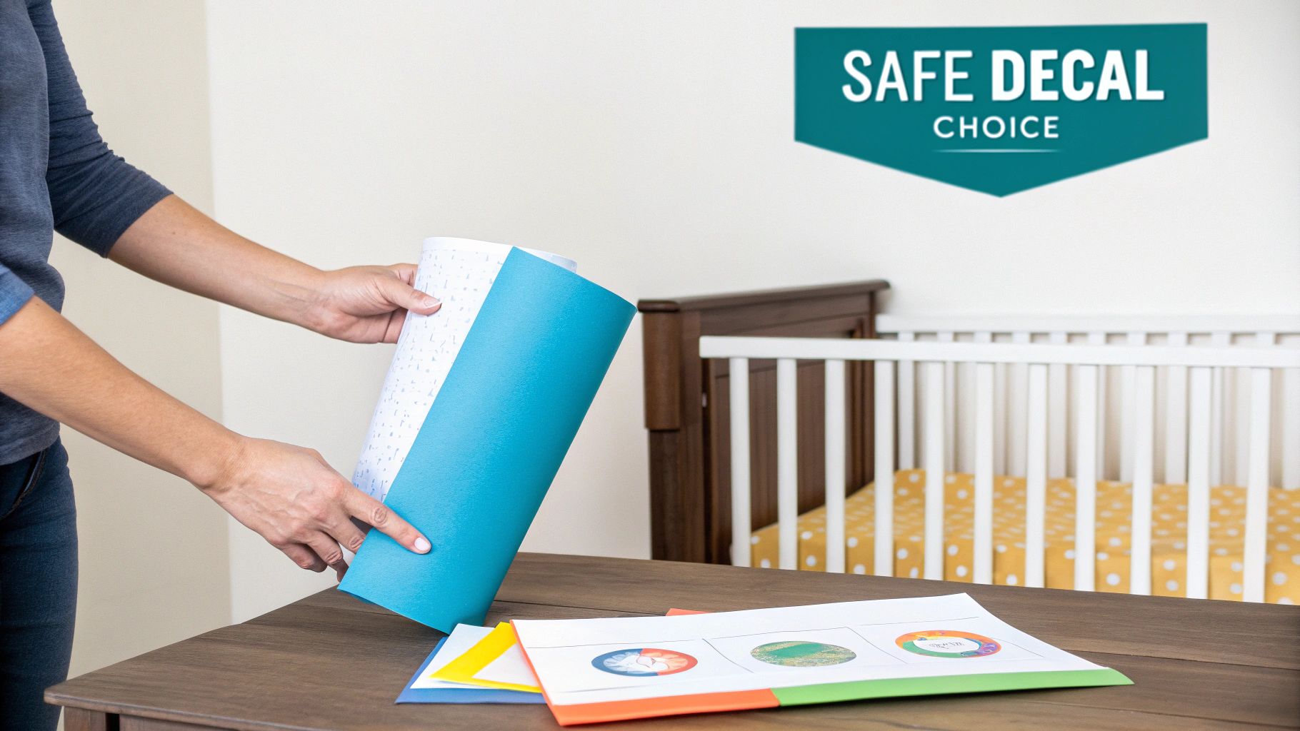 A person holding rolls of blue and patterned decal material in a child's nursery with a crib.
