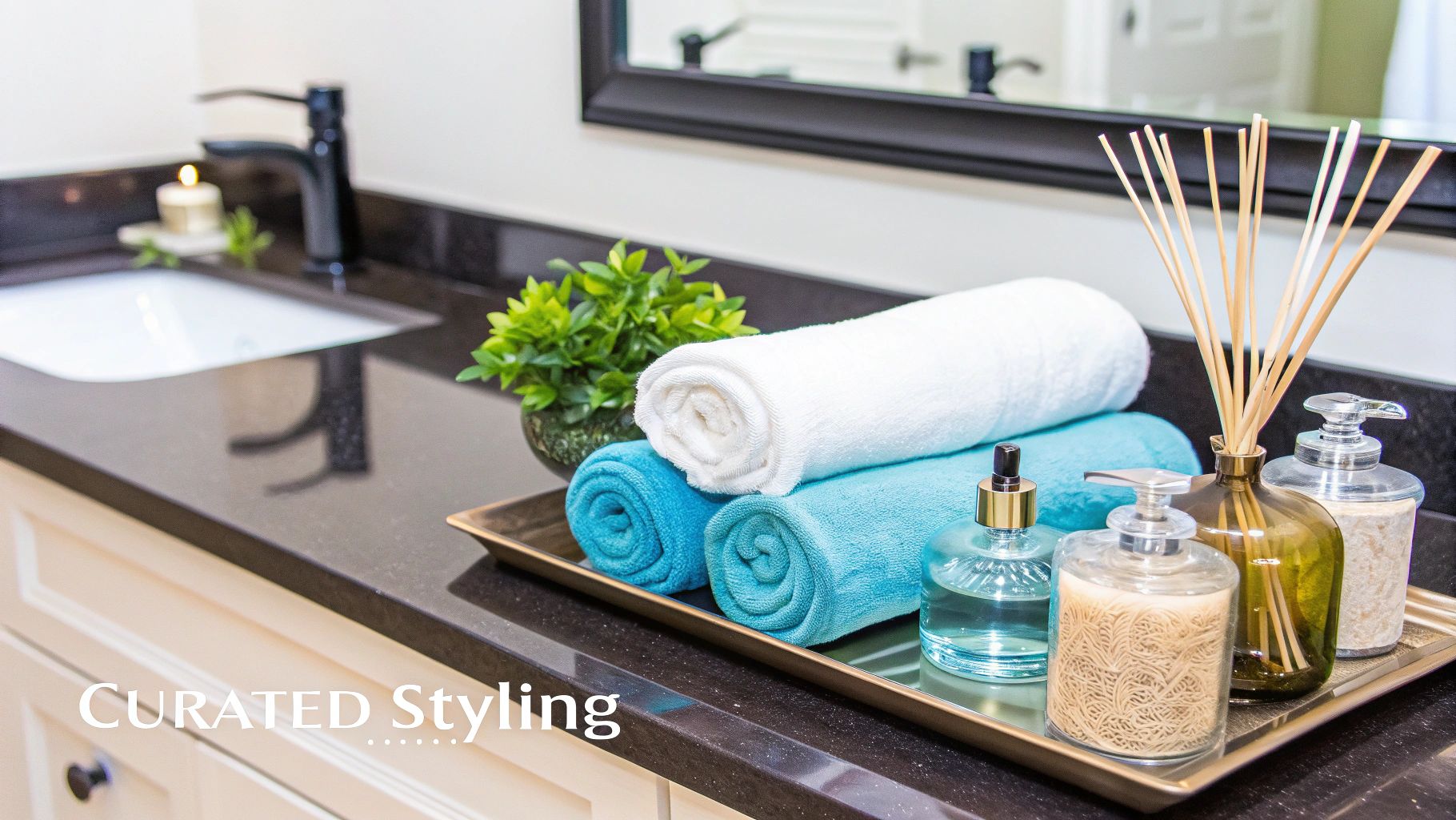 A luxurious bathroom vanity featuring rolled white and blue towels, a plant, and various dispensers on a tray.