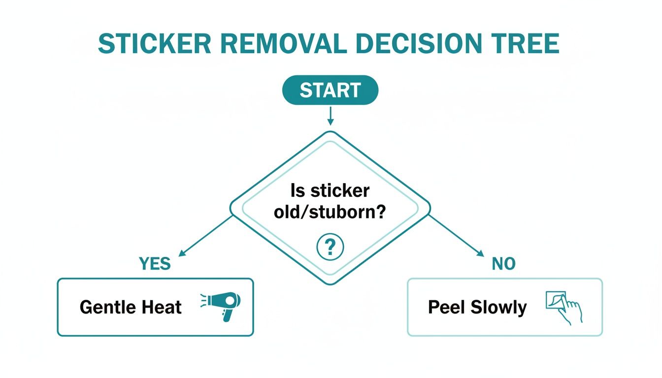 A decision tree flowchart illustrating sticker removal methods: gentle heat for old stickers, peel slowly for new ones.