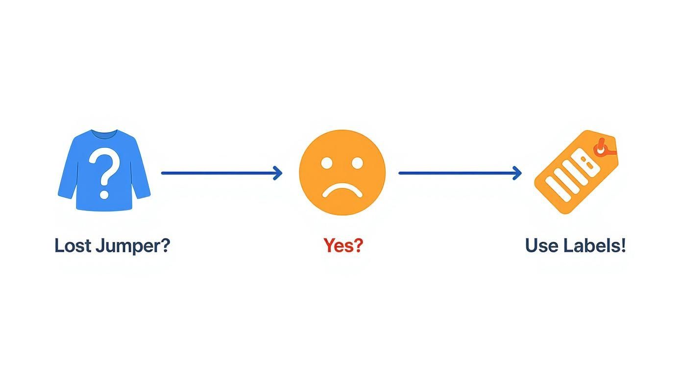 Flowchart showing solution to lost jumper problem using clothing name labels for children