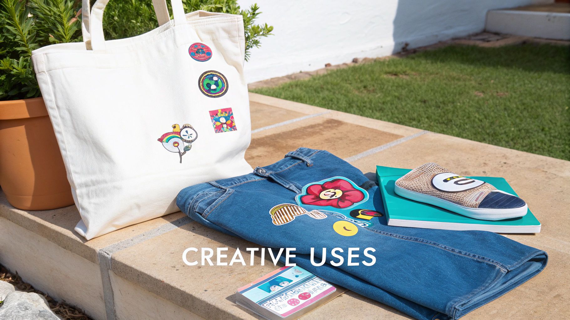 Colorful fabric patches adorn a white tote bag, blue jeans, and a shoe, showcasing creative decoration.