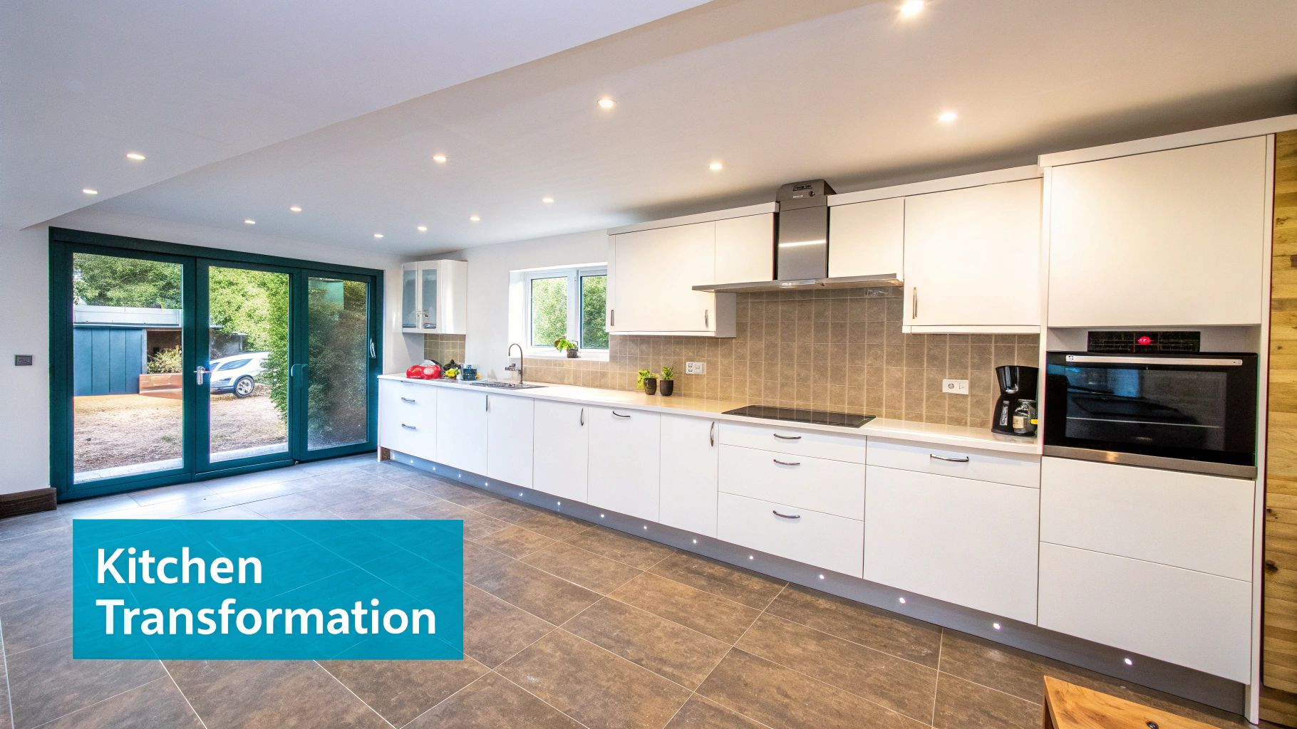 Modern kitchen with sleek grey vinyl wrapped cabinets.