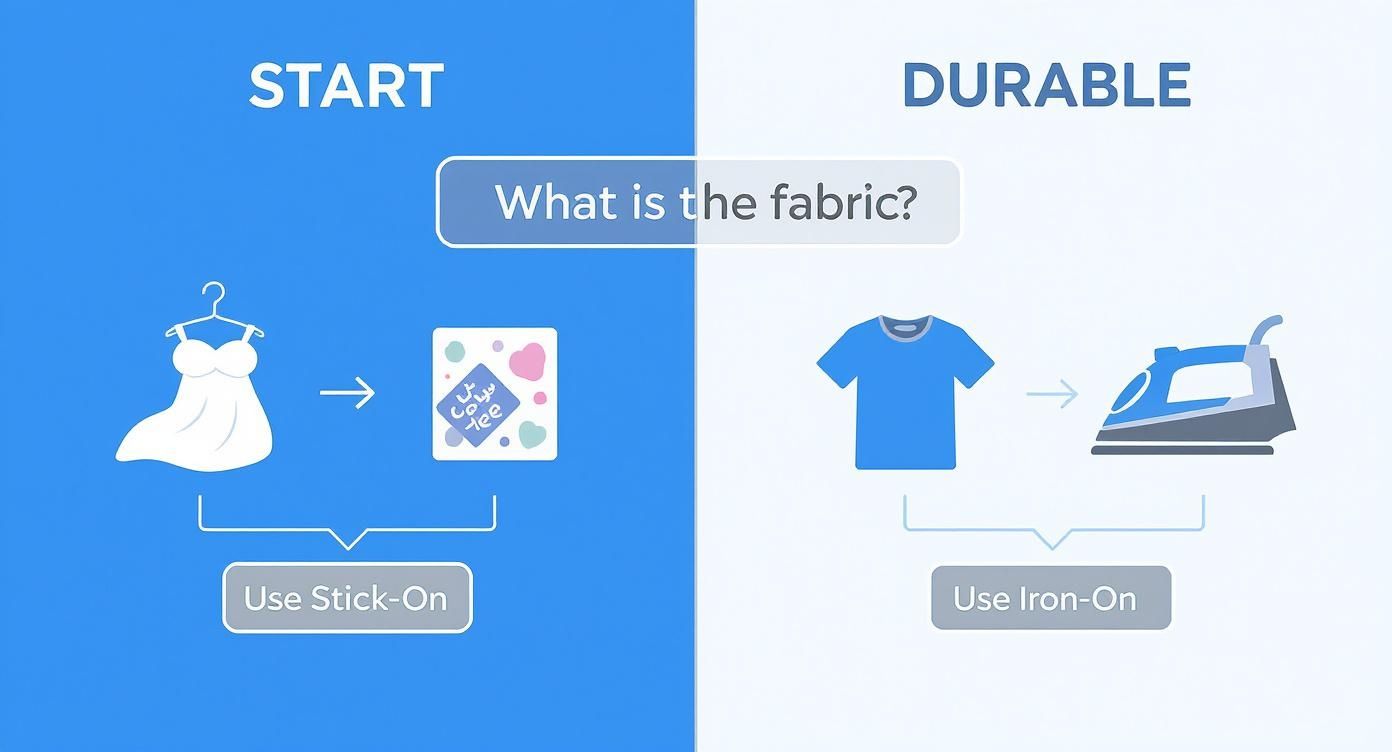 Infographic showing a decision tree for choosing between iron on and stick on clothing name tags based on fabric type.
