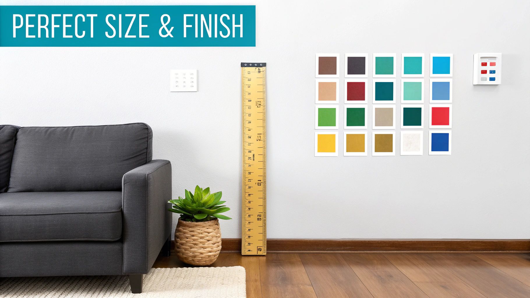 Living room wall displaying colorful square art prints with ruler and couch showing perfect size and finish